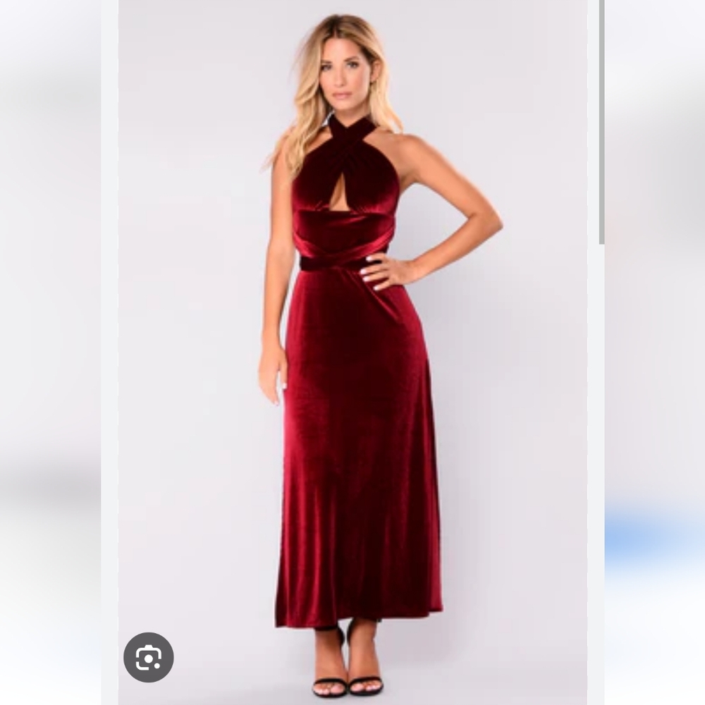 Elegant Dark Red Velvet Gown With Double Slits